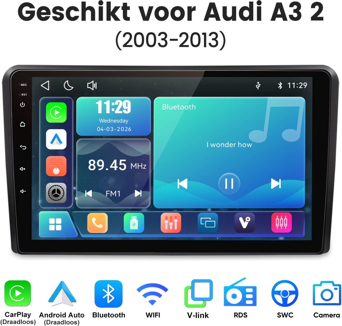 Junsun Linux Systeem Autoradio Geschikt voor Audi A3 8P 2003-2012 - Draadloos Carplay & Andriod Auto - 9 Inch HD TouchScreen - Bluetooth - GPS navigatie - WiFi - FM - RDS- Airplay
