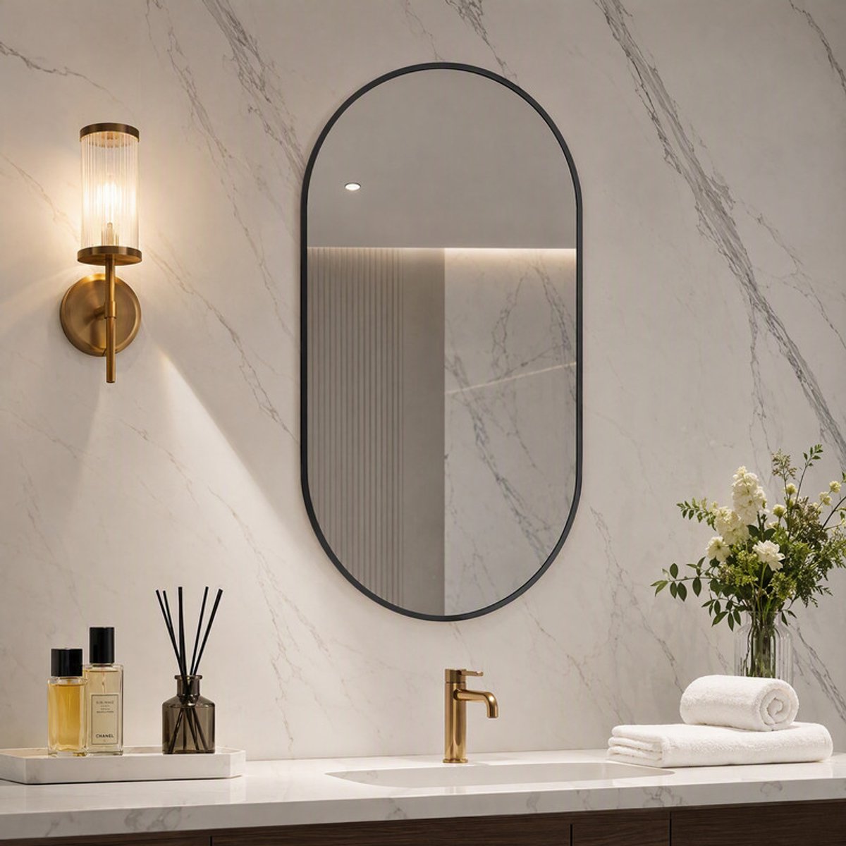 Ovale Wandspiegel 75x50 cm Zwart met Aluminium Frame, HD Spiegelglas – Moderne Decoratieve Spiegel voor Badkamer en Kaptafel