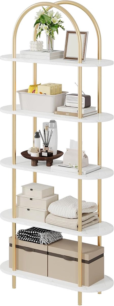 Boekenkast Hoog 5 Lagen - 80x30x180cm - Boekenkast Met Boog - Open Kast - Displaykast Vrijstaand - Metalen Frame Stevig - Voor Woonkamer Slaapkamer Kantoor - Wit + Goud