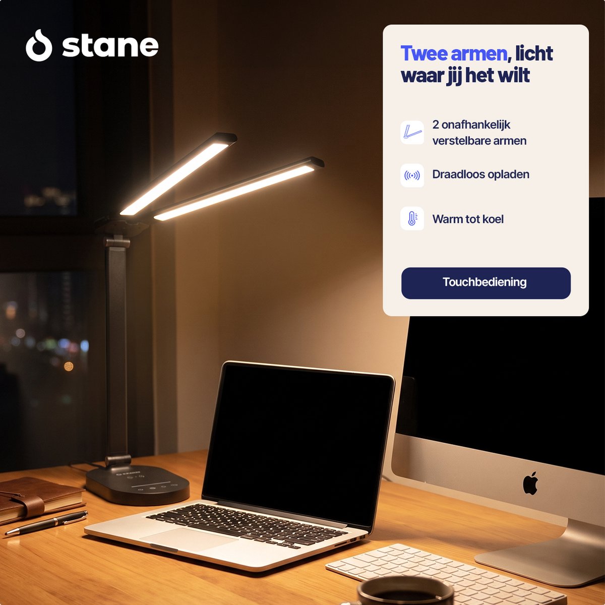 Stane Dubbele Bureaulamp LED Dimbaar - 2 Draaibare Lampenkoppen - 5 Lichtkleuren (2700K-6000K) - Touchbediening - - Tafellamp - Werklamp - Zwart Incl USB-C-Kabel thumbnail 5