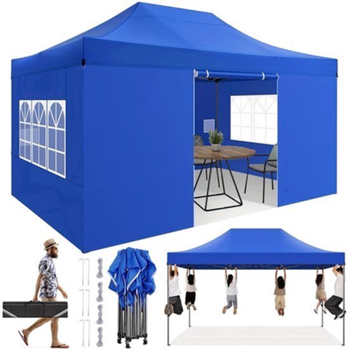 Partytent – Pop-up Tent – Feesttent – Paviljoen – Tuintent – 3,05x4,57 m – Hoogte Verstelbaar – Met Afneembare Zijwanden