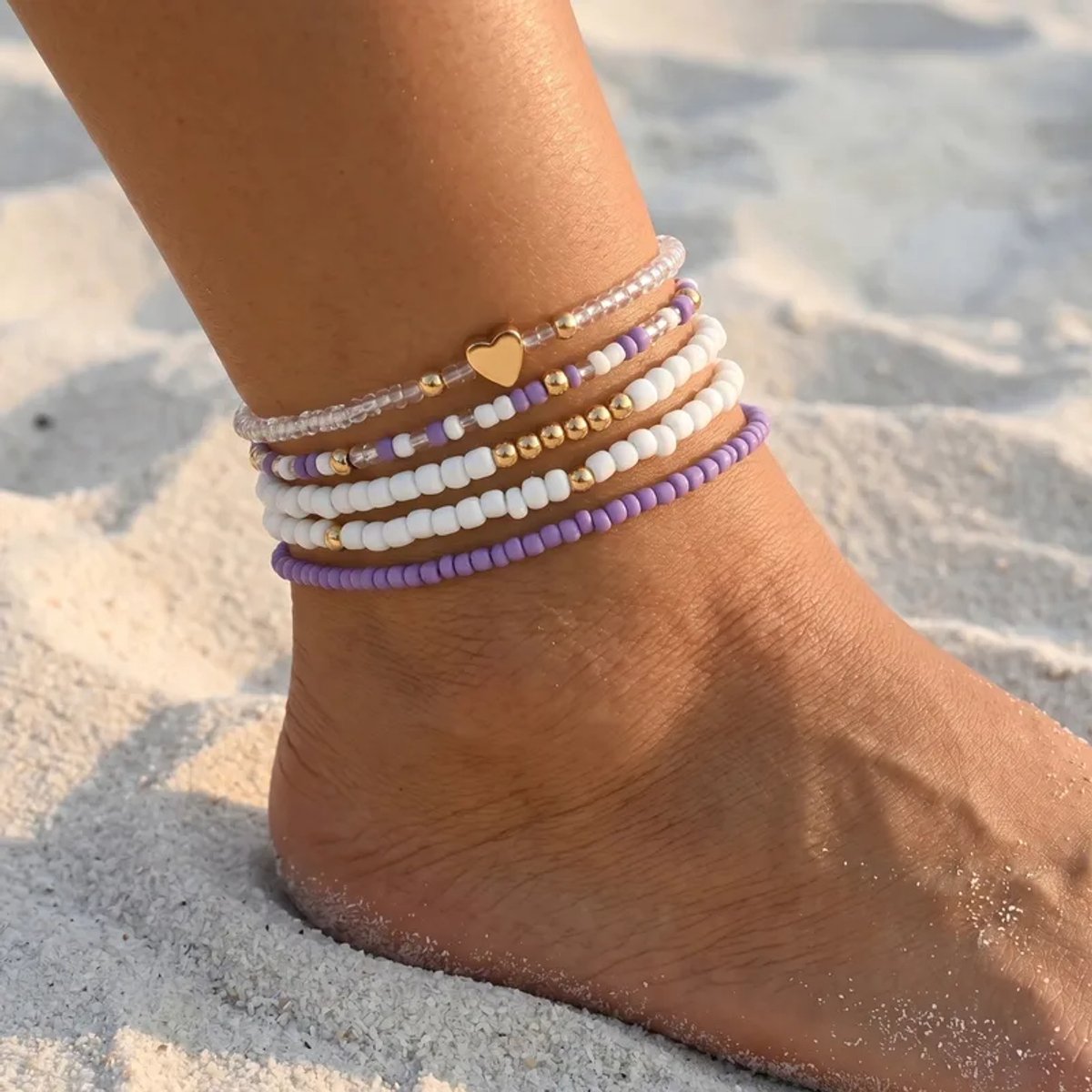 Jomide Enkelbandjes Set - Lila/Goudkleurig/Wit - 5 delig
