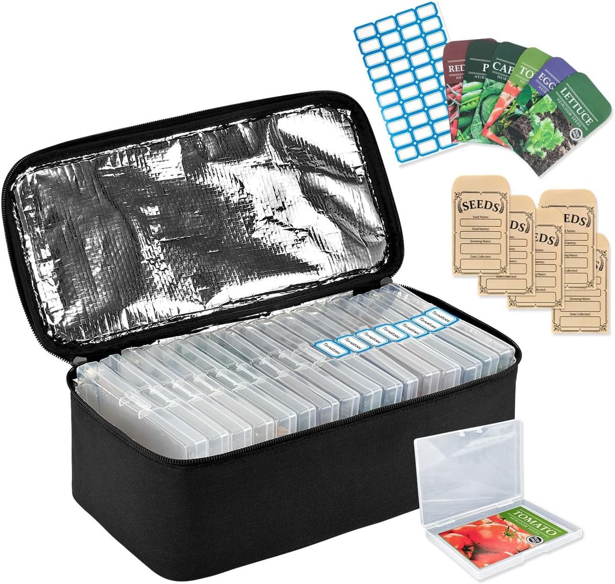 16 Pocket Zaadopslag Organizer Box voor 80 tot 100 Zaadzakjes | Inclusief geïsoleerde tas, enveloppen, labels en stickers voor tuinplanten, bloemen en groentezaadjes