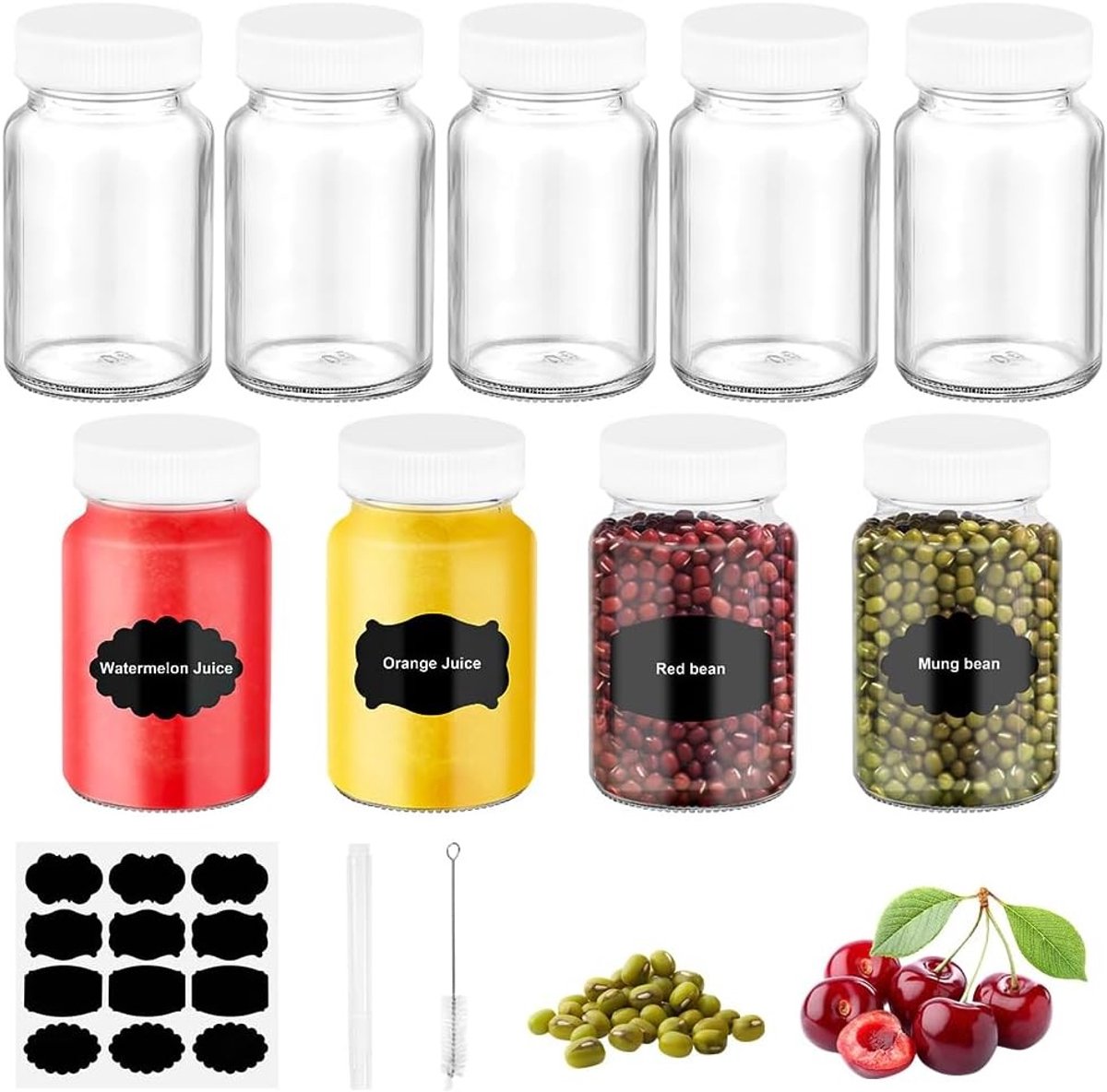 9-Pack 60ml Glazen Sapflessen met Deksel en Labels, Herbruikbare Levensmiddelenflessen voor Sap, Gember Shots, Kruiden en Monsters, Ideaal voor Reizen en Opslag