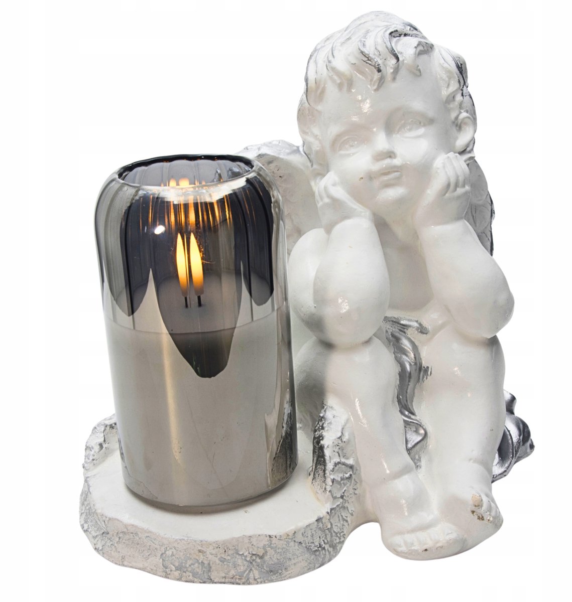 Gipsen Engel Grafdecoratie met LED Kaars - Wit/Zilver