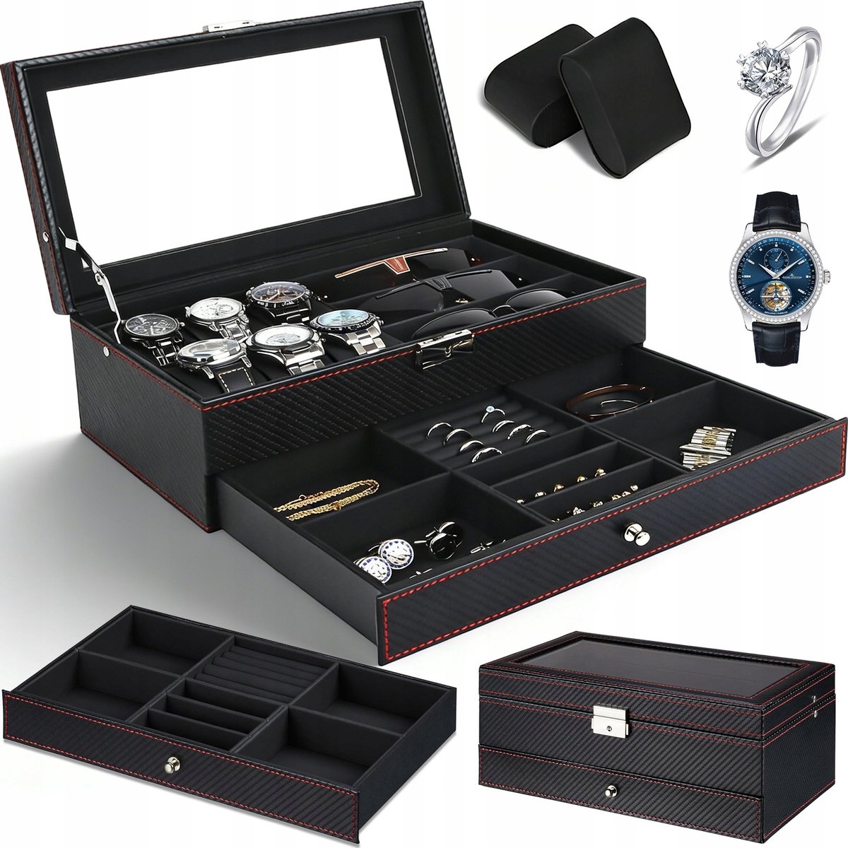 Luxe Horloge & Sieraden Organizer - 6 Horloges, 3 Zonnebrillen, Lade
