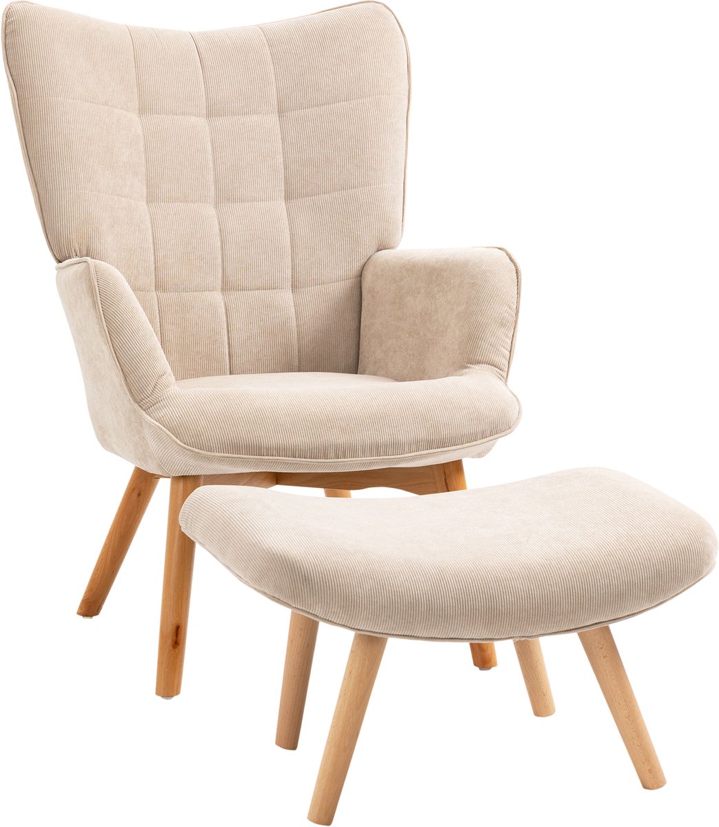 Fauteuil met voetensteun - woonkamerfauteuil met houten poten - hoge rugleuning en corduroy bekleding