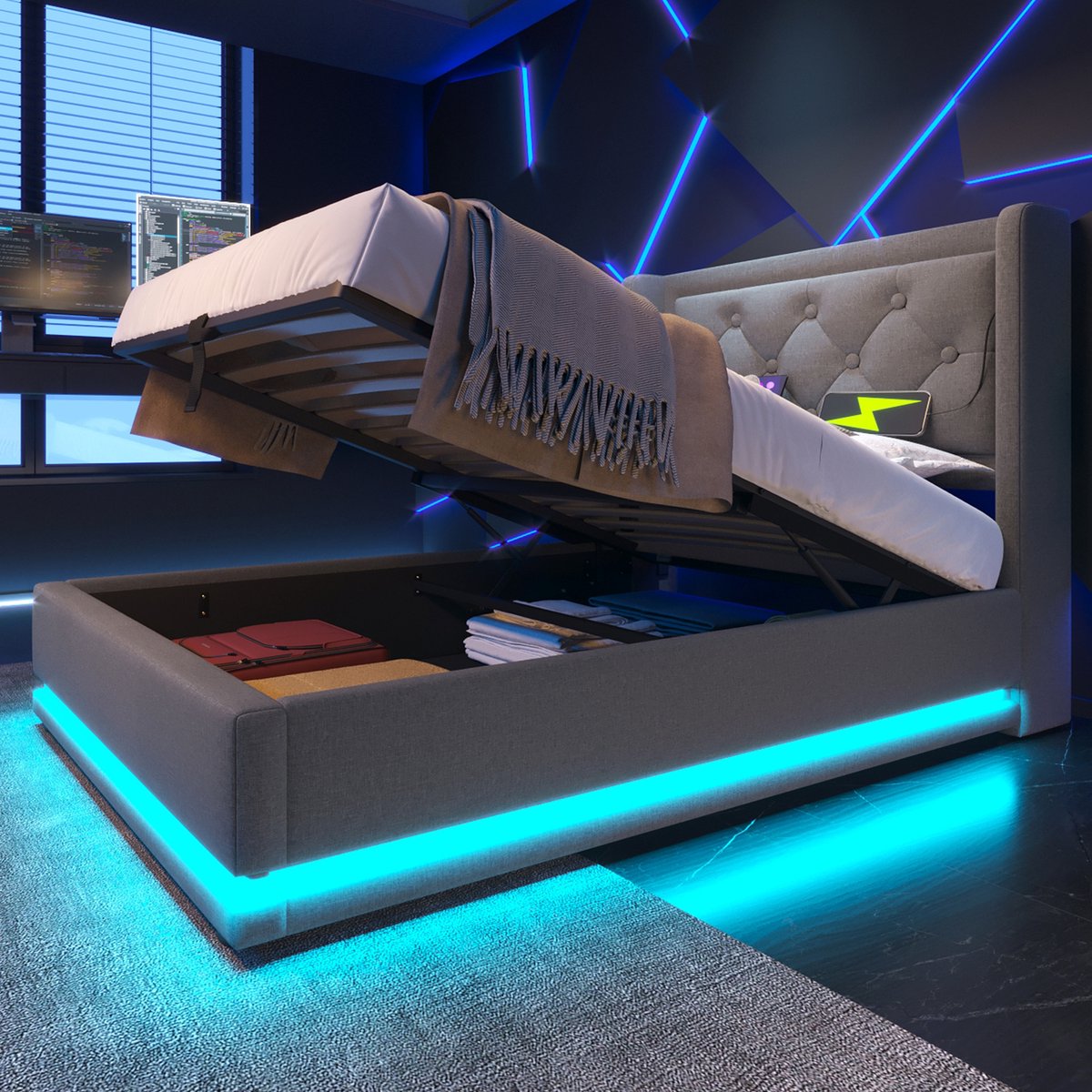 Gestoffeerd bedframe - voor matras 90 x 200 cm - grijs - met LED-verlichting en USB-aansluiting en opbergruimte - voor de slaapkamer