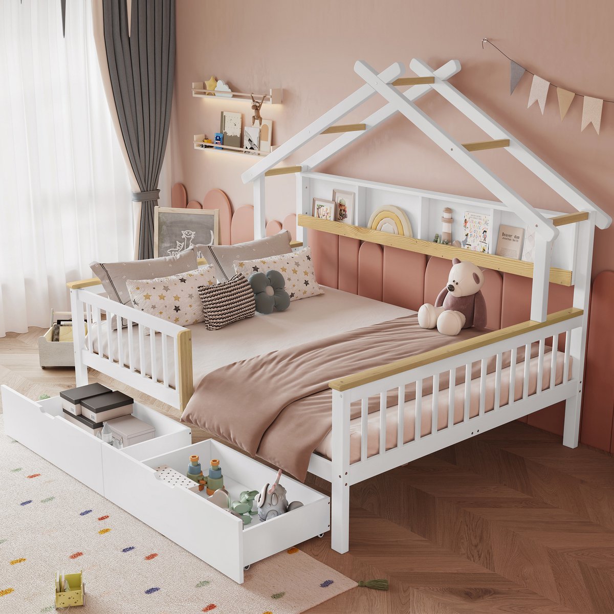 Kinderbed - voor matras 140 x 200 cm - wit en naturel - met opbergruimte - matras niet inbegrepen - voor de slaapkamer - dagelijks gebruik