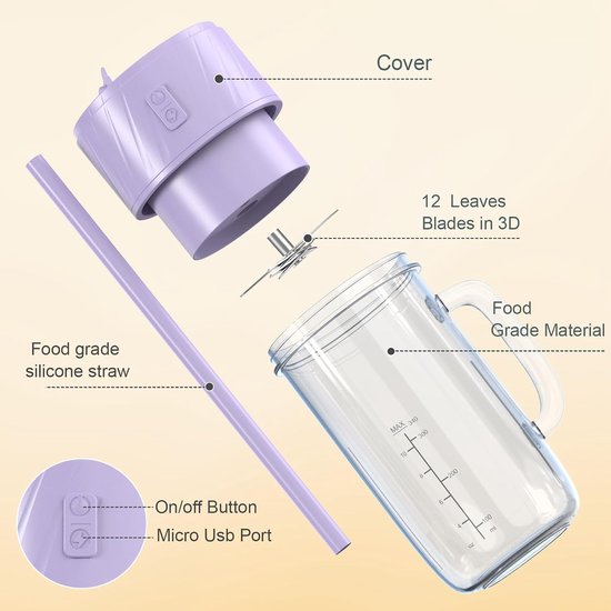Draagbare Blender - Smoothie Maker - Verse Drankjes Maken - 6 RVS Messen - 400 ml - Ziblue — afbeelding 5