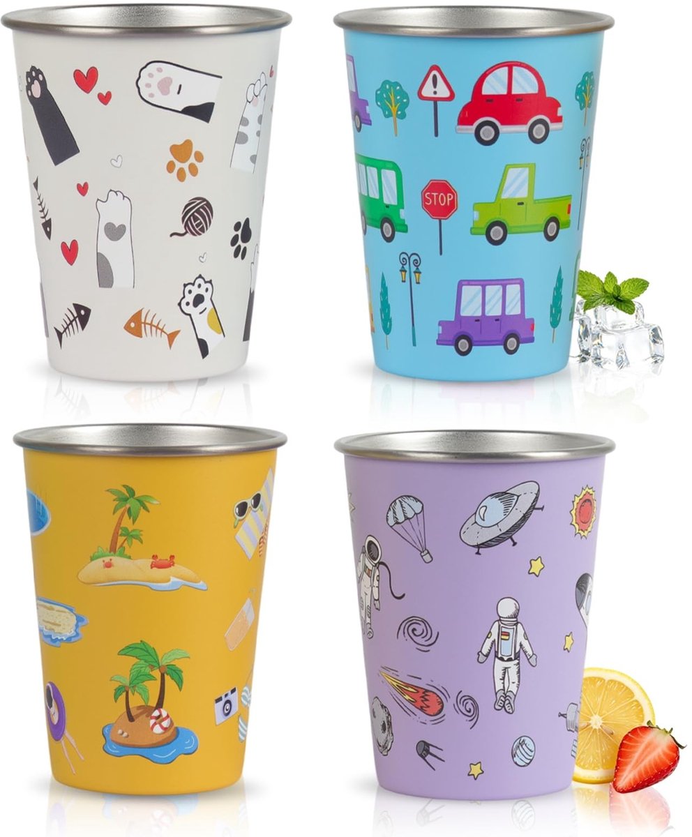 SolidKeus - Set van 4 RVS Drinkbekers voor Kinderen met Cartoonontwerpen