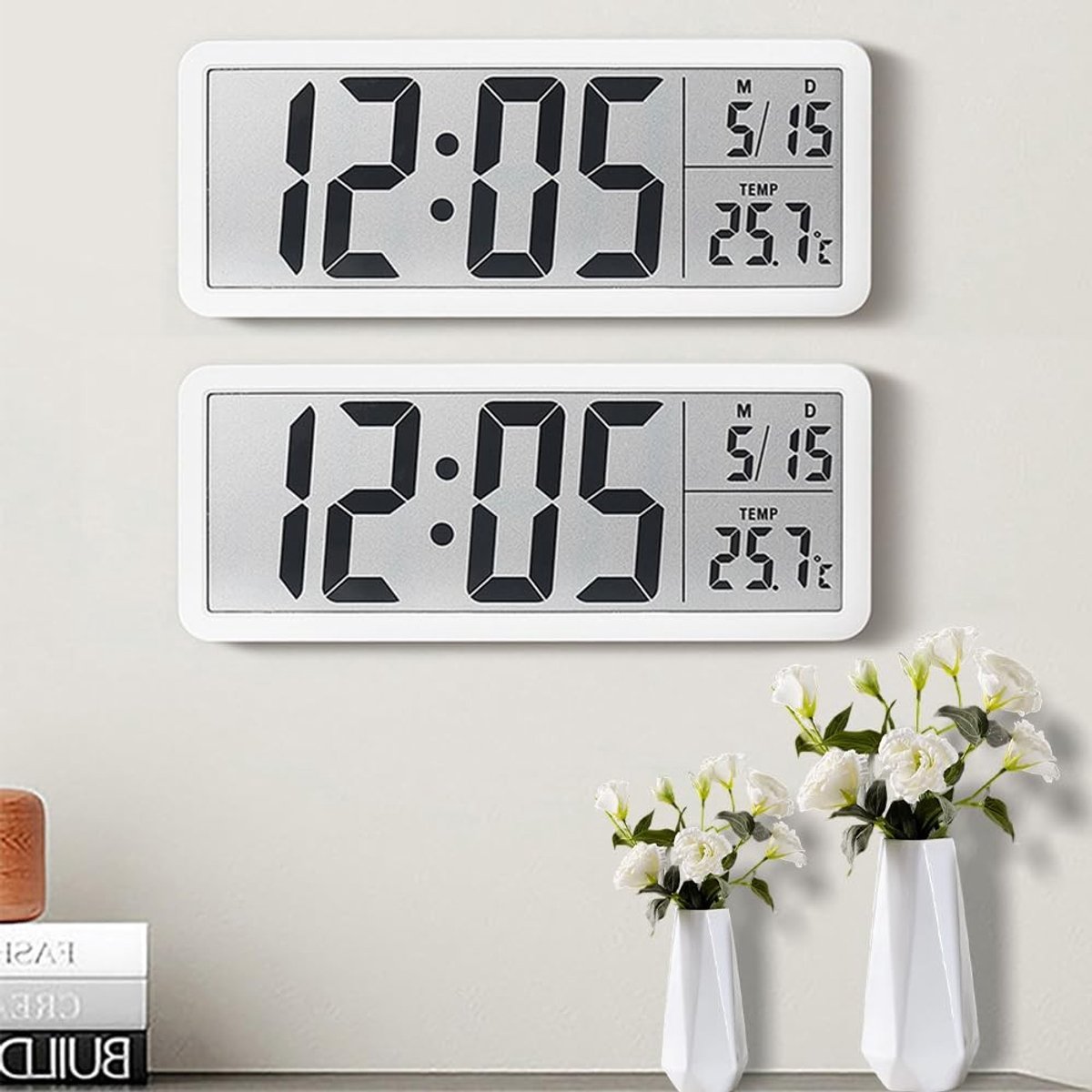 SolidKeus - Digitale Wandklok met Groot LCD Scherm en Temperatuurweergave (Wit)