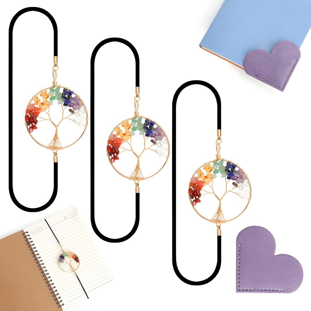 SolidKeus - Persoonlijke Boekenlegger met Levensboom en Elastische Band Set van 3