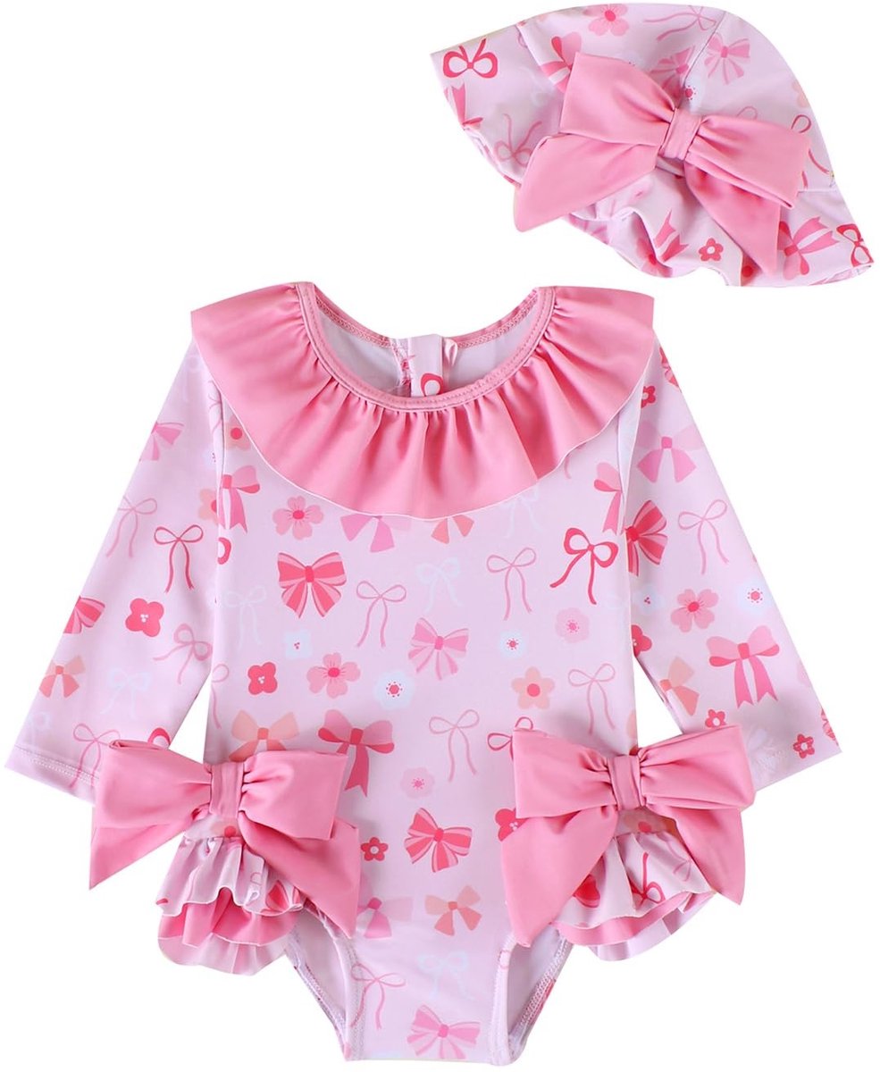 Zomerse Baby Meisjes Badpak met Lange Mouwen en Zonnehoed - UV Bescherming, Comfortabel en Stijlvol Zwemkleding