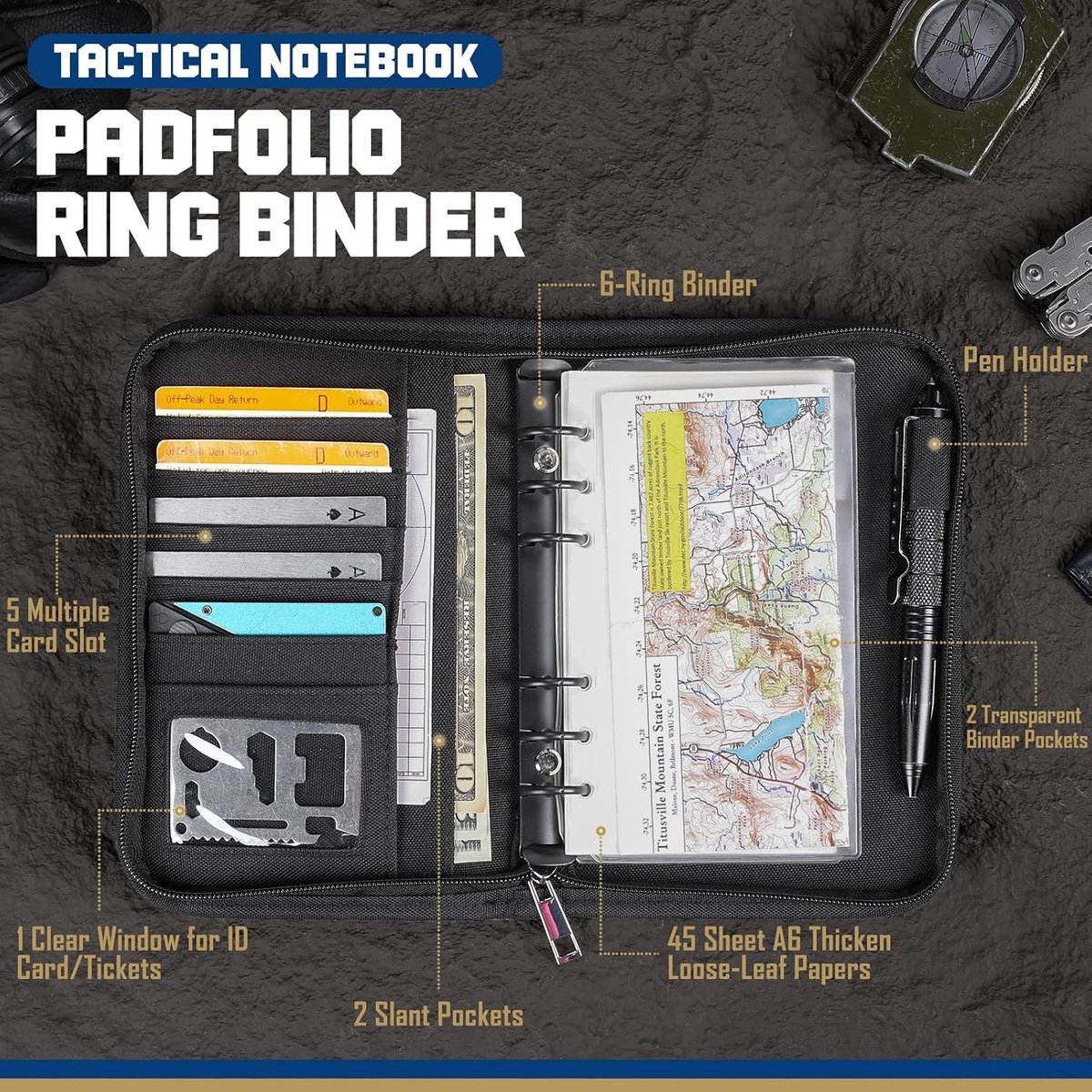 Tactische notitieboekje padfolio ringbanden met 80 vellen, leger militair notitieboekje, tactisch portefeuillebindmiddel met rits voor tactische uitrusting en organizer, navulbare A5 6 ringband