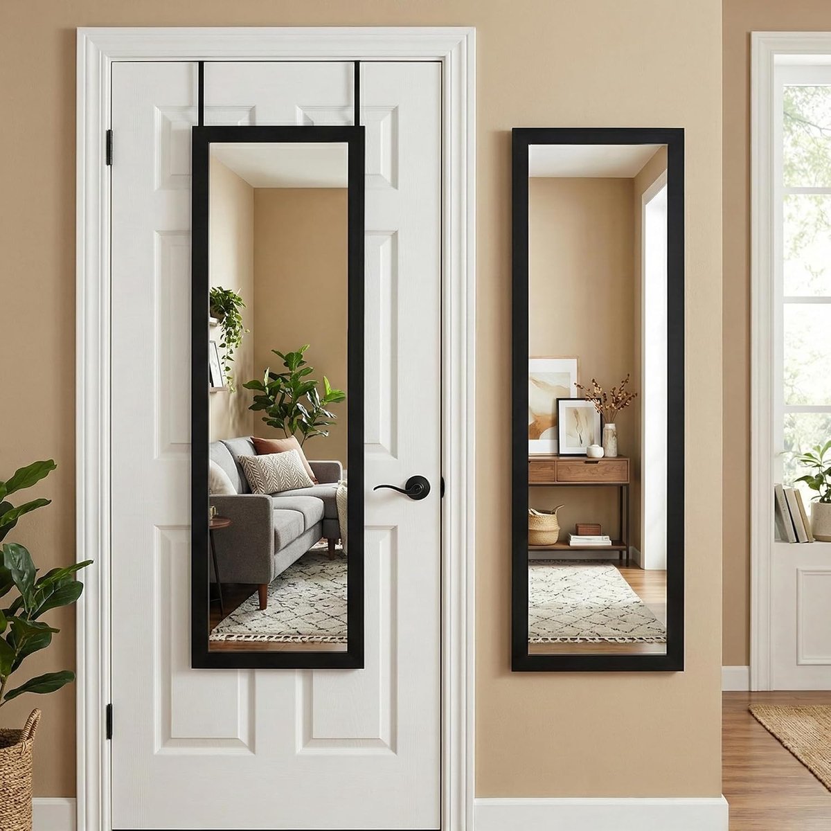 Deurspiegel, volledige lengte, zwart, full-body-spiegel, voor slaapkamer, badkamer, slaapzaal, volledige lengte, met hanger en onbreekbaar glas, 38 x 130 cm