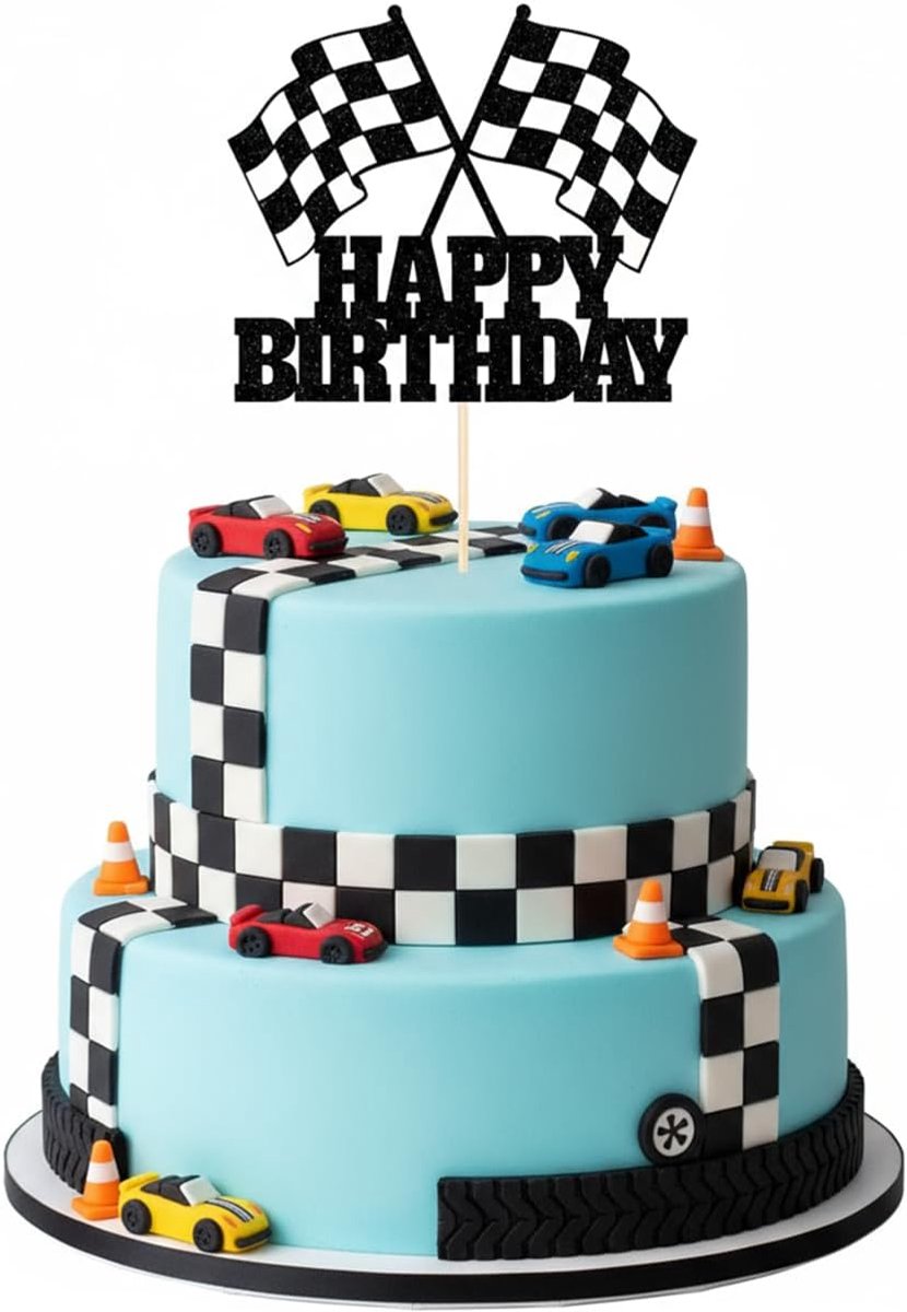 1 stuk verjaardagstaartdecoratie, raceauto thema taartdecoratie voor raceauto verjaardagsfeest, Happy Birthday decoratie, auto taartdecoratie voor jongens en meisjes verjaardagsfeestje