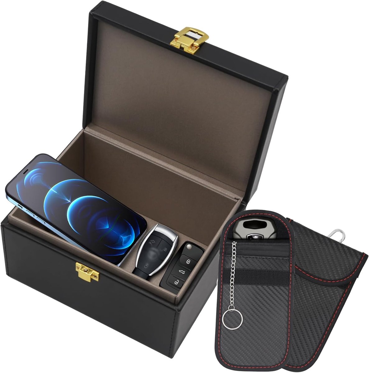 Keyless Go Autosleutelbox & 2 Faraday Bag, autosleutelbescherming Keyless voor veilige bescherming, Keyless Go-bescherming van mobiele telefoon, creditcard en autosleutels