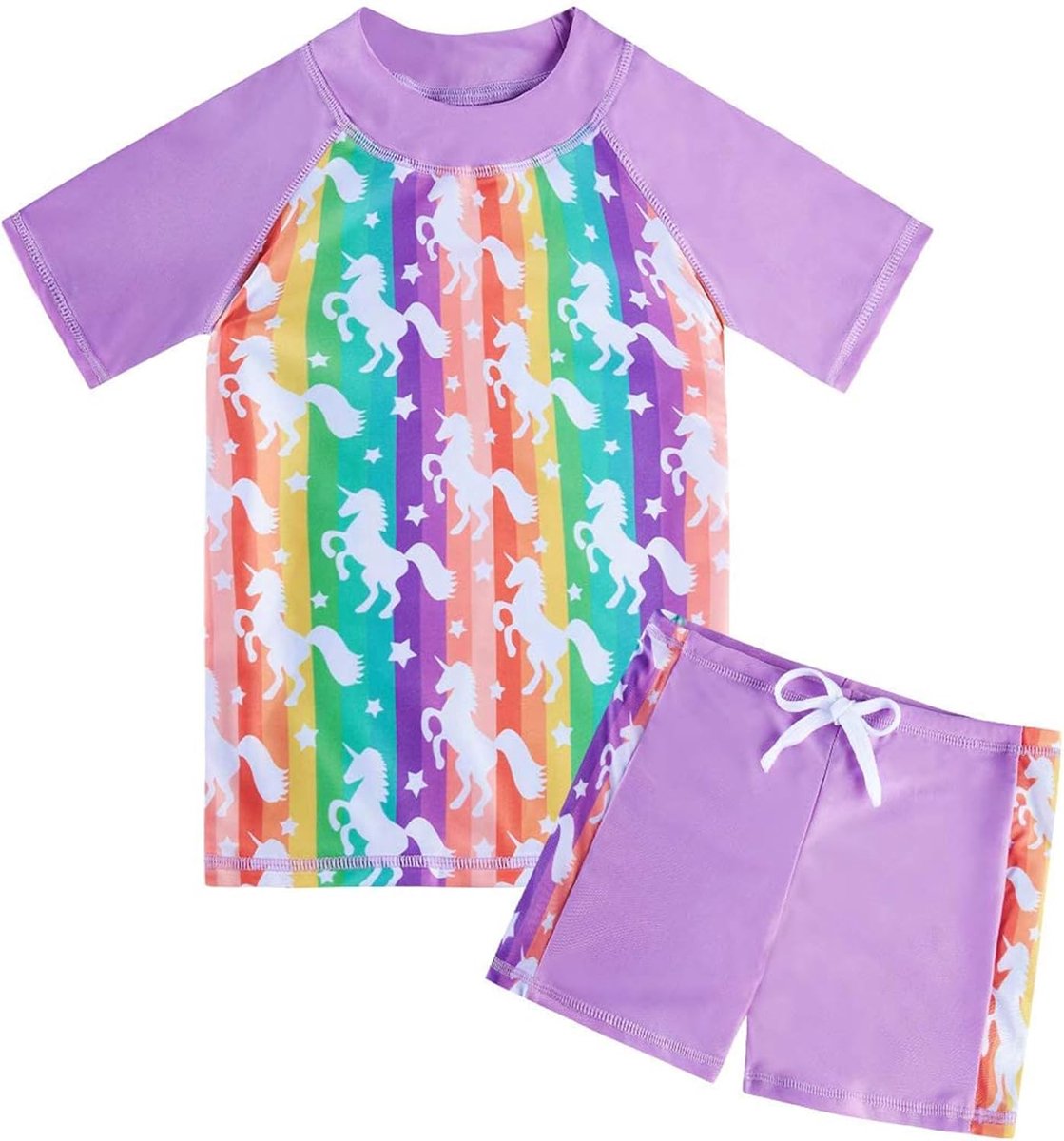 Badpak in 2-delige set met korte mouwen voor meisjes, schattige zwemkleding met opdruk en UPF 50+-bescherming, geschikt voor meisjes van 4–10 jaar