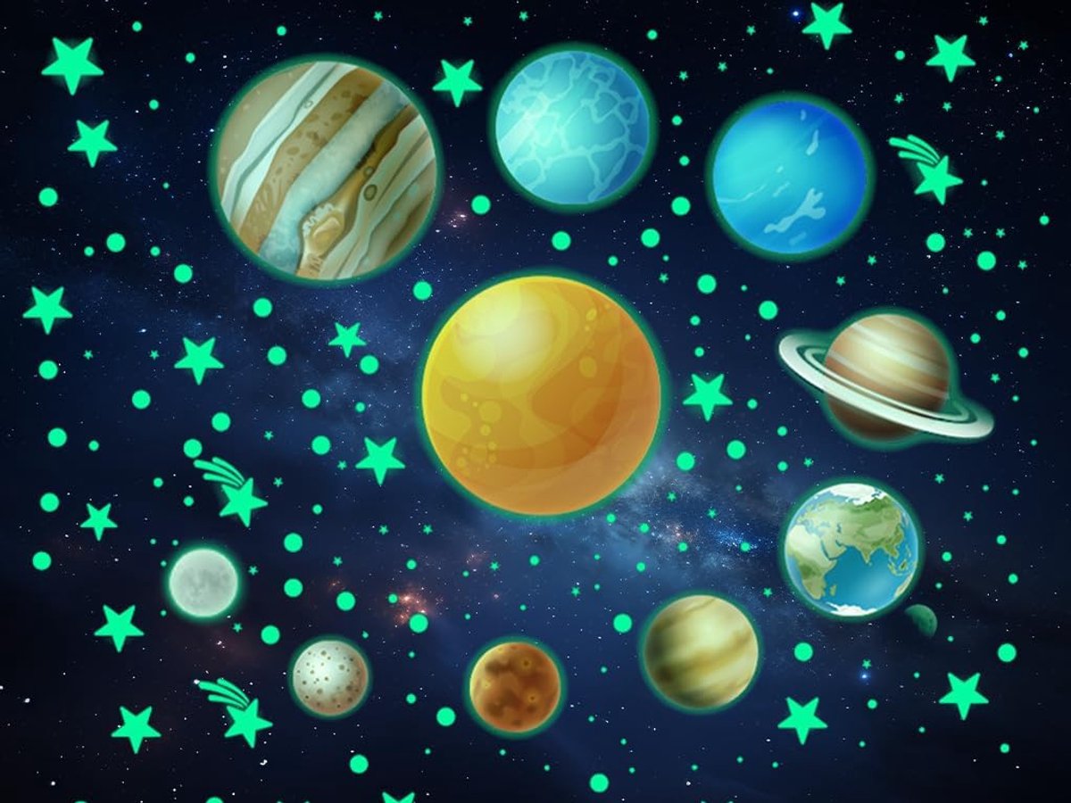 9 planeten wandstickers, lichtgevende sterren, lichtgevende stickers, wandtattoo, zonnestelsel, sterren, fluorescerende muurstickers, sterrenhemel stickers, lichtstickers, voor
