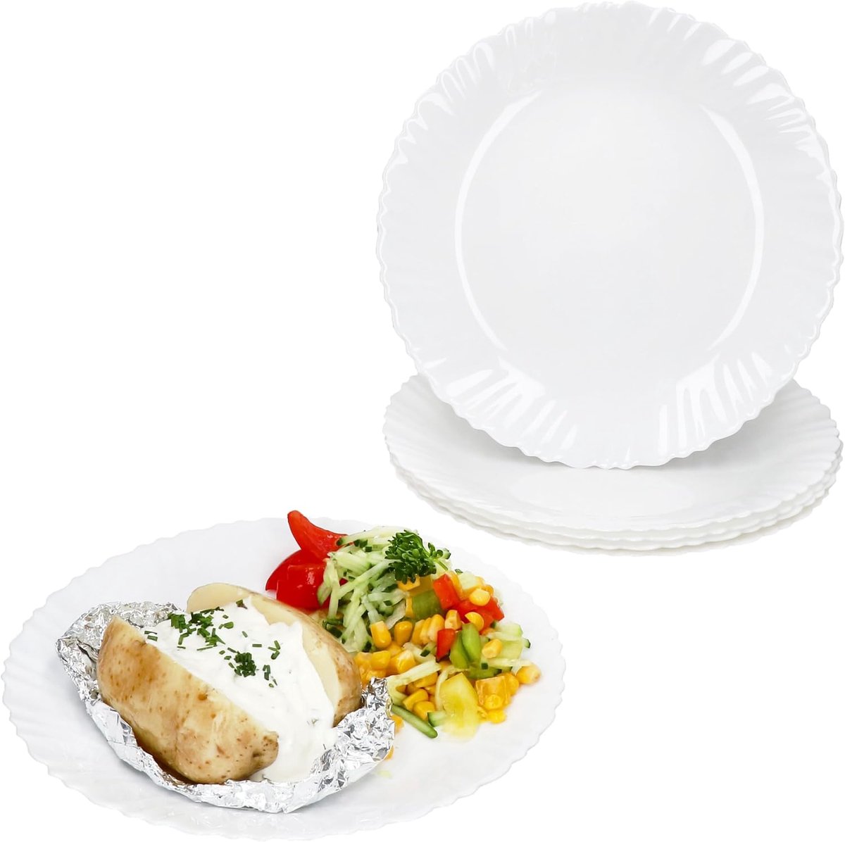Arkona Set van 6 platte borden, Ø 24 cm, witte grote opaalglazen eetborden met fijn reliëf voor ontbijt, lunch of avondbrood