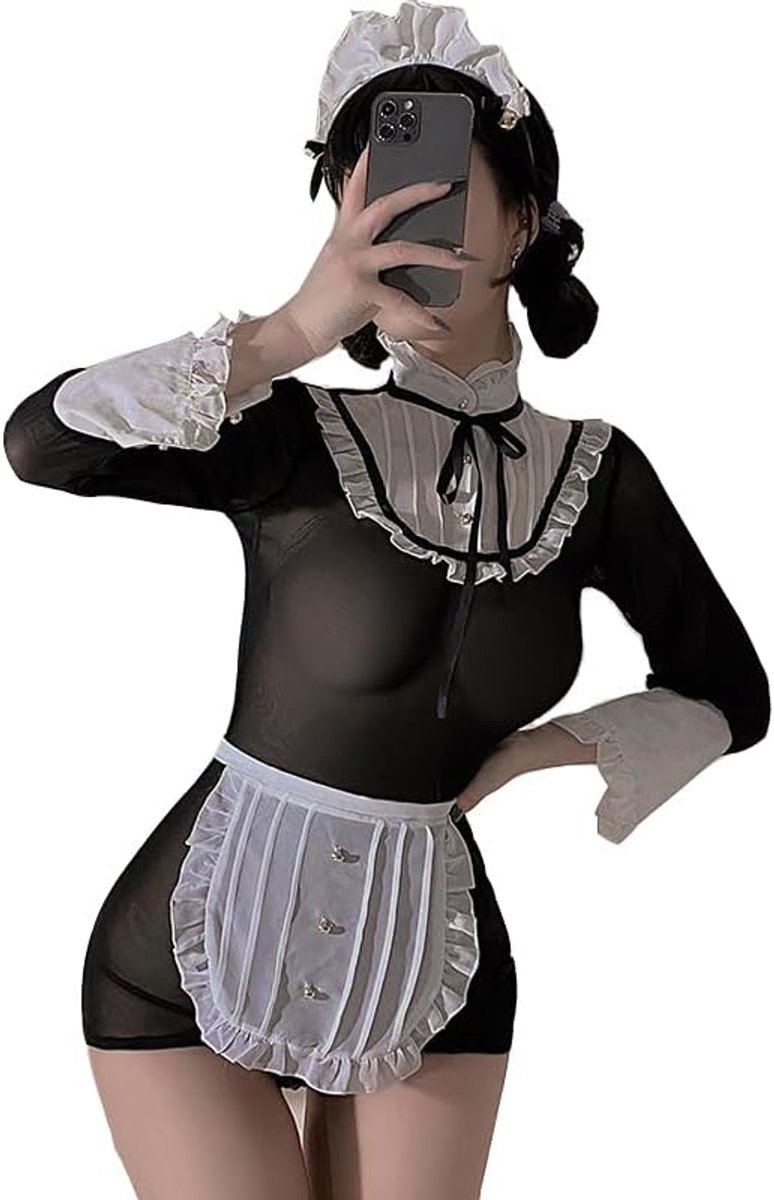 Maid Outfit Mesh Lace See Through Sexy Maid Kostuum Plus Size French Maid Schort Fancy Dress Cosplay Kostuum Geen Stocking