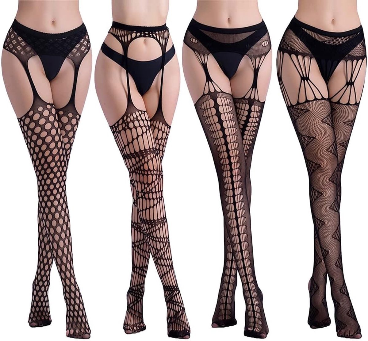 Jarretelkousen, 4 stuks, aantrekkelijke kousen, panty's, stretch netkousen, jarretelkousen voor dames, zwart, zwart, Taillenumfang(56-114 cm)