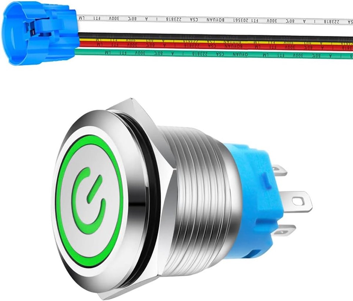 0,87''/22mm Roestvrijstalen Vergrendelbare Drukknopschakelaar 230V AC 3A Voedingssymbool LED 1NO1NC SPDT AAN Uit Waterdichte Tuimelschakelaar met Draadstekker (Groene LED)