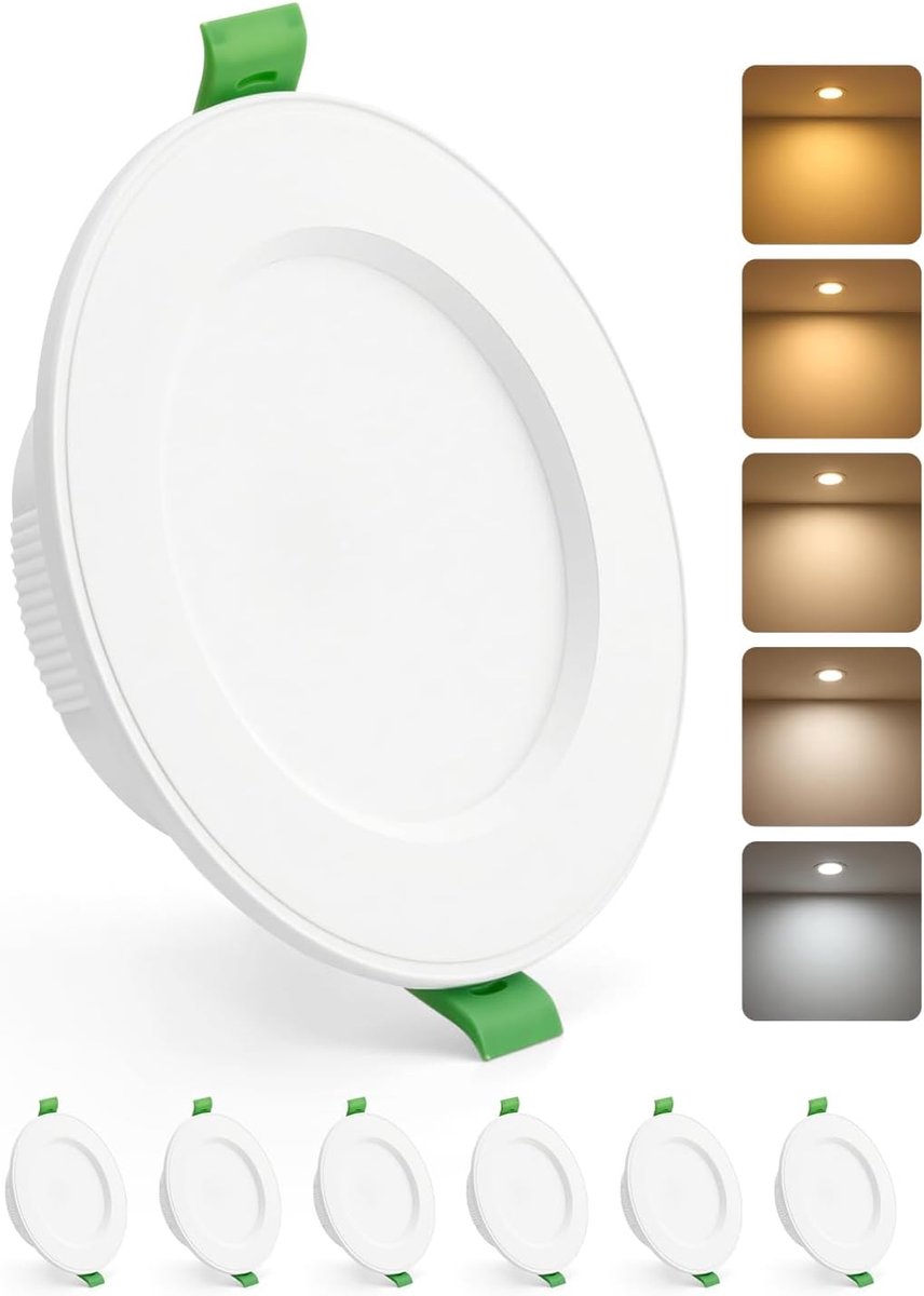 Led-inbouwspot voor gipsplaat, 7 W, boring 80 mm - 100 mm | 30 mm, ultradun, IP44 led-plafondspot, verstelbaar, 2700 K, 3000 K, 4000 K, 5000 K, 6000 K, 6 stuks