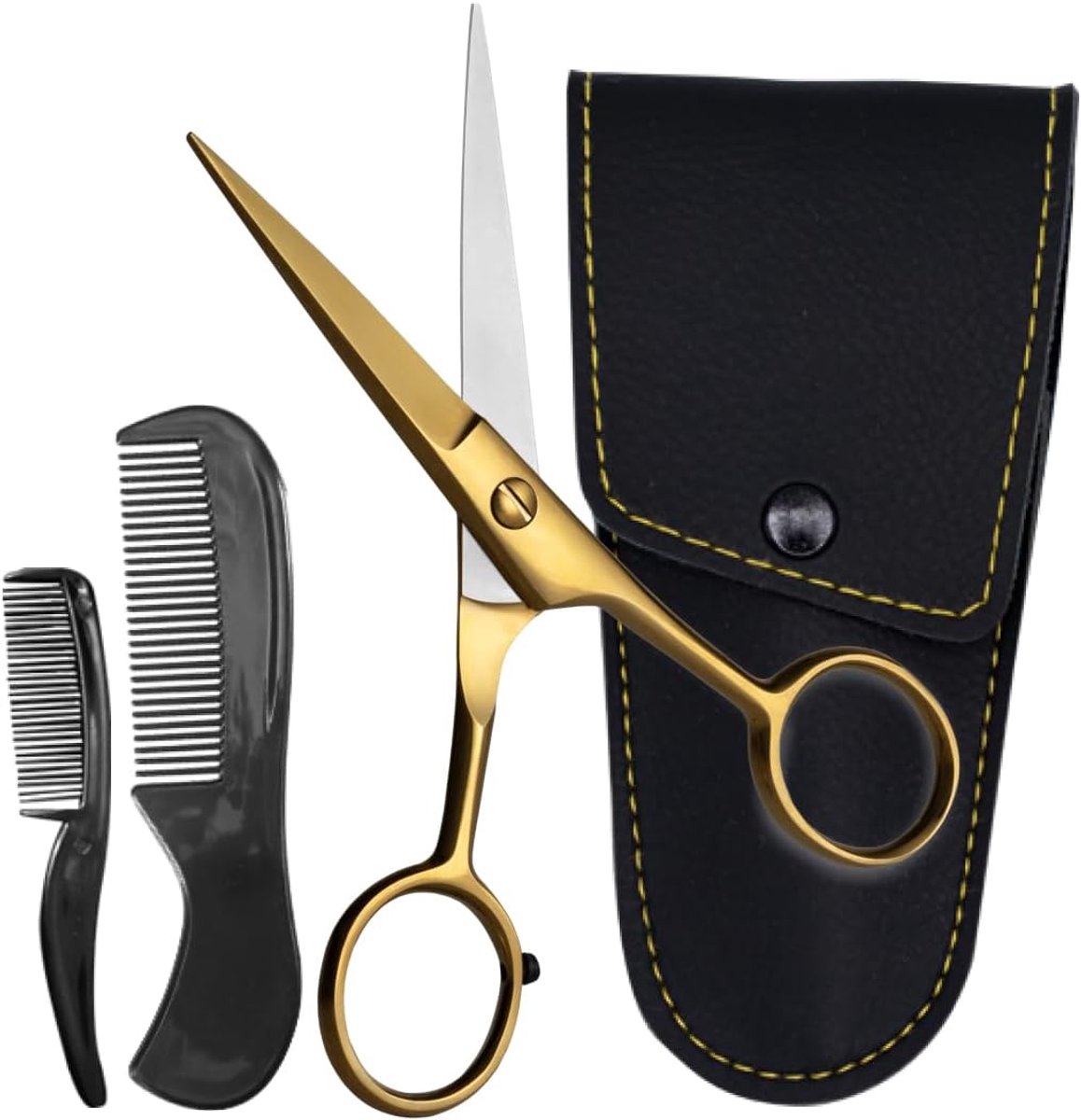 Snor Schaar Professioneel Duits Staal 2 Kam Draagtas Snor Trimmen - Hand Gesmeed Schuine Rand Precisie Mannen Gezichtshaar Verzorging Kit Alle Body Haar (Gouden Messing)
