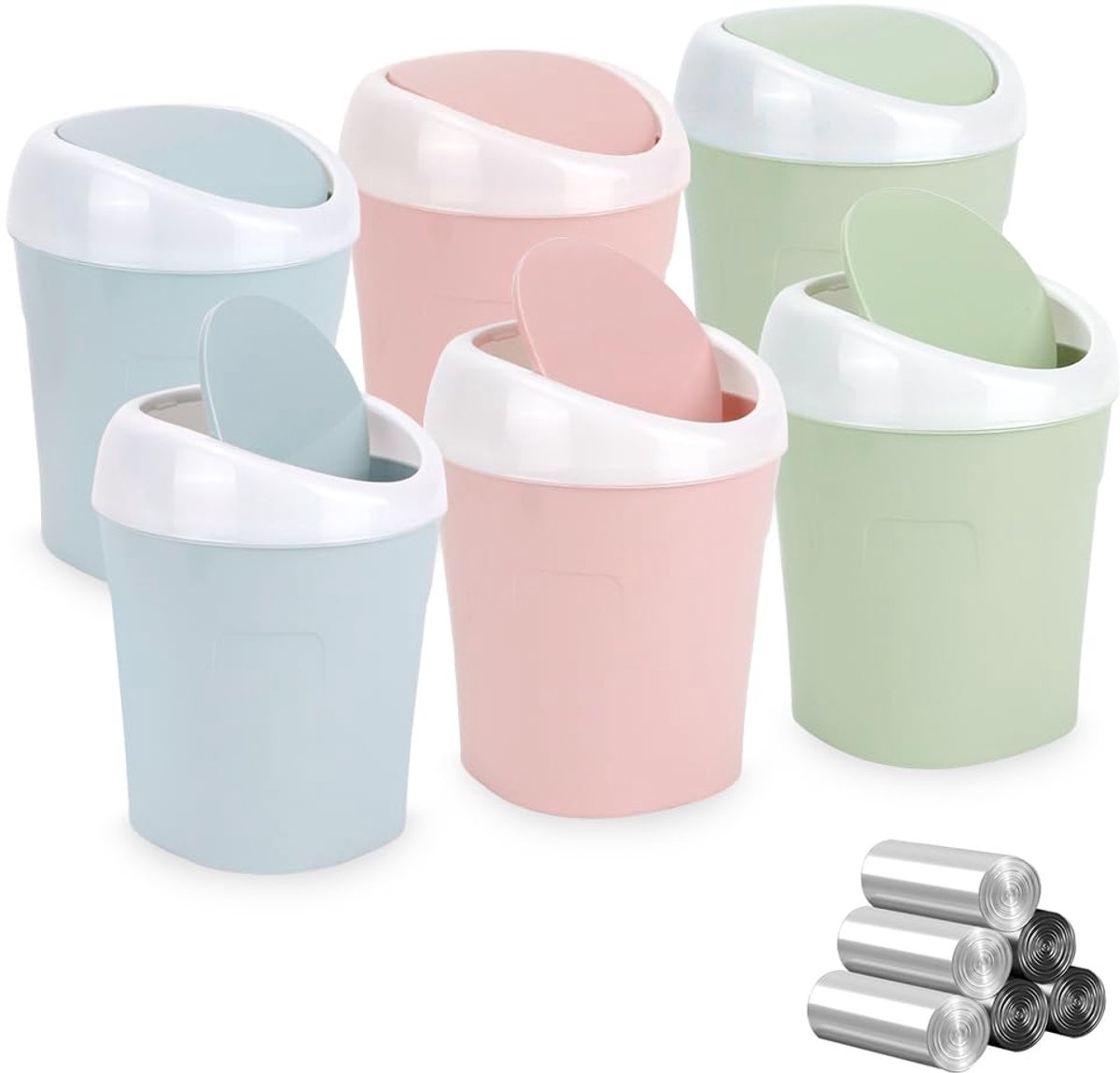 6 Stuks Plastic Mini Prullenbak Badkamer Bins met Swing Deksel en 12 Rollen Bin Liners, QLFJ-FurDec Desk Compact Ontwerp Cosmetische Bin Voor Thuis, Kantoor, 10,5 * 10,5 * 16,5cm(Blauw, Roze, Groen)