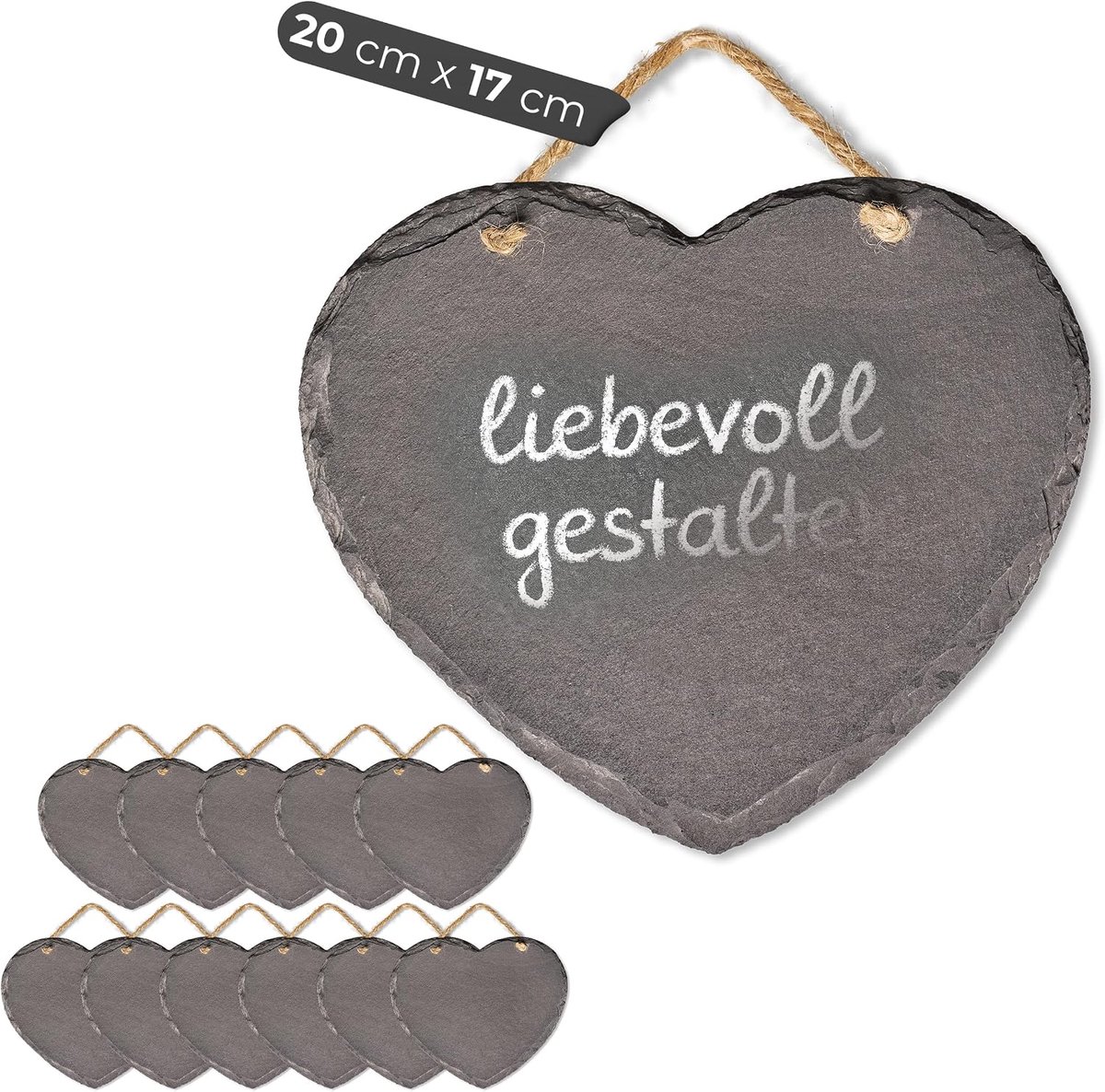 Hart om op te hangen met jute lint leisteen bord decoratie Wandeko (12, 17 cm hart)