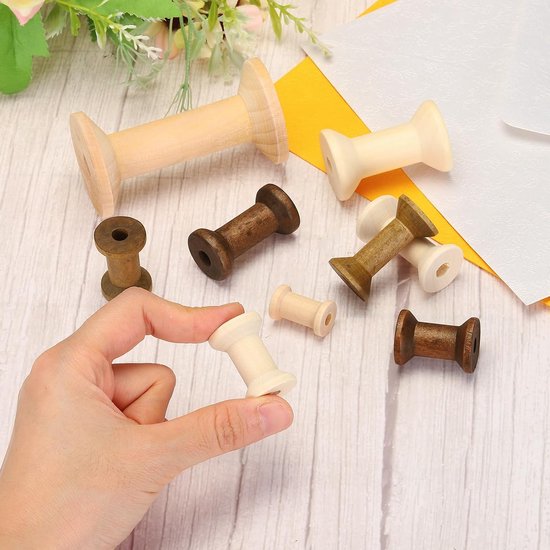 Spoelen 3 cm x 2 cm, 10 stuks onafgewerkte houten naaigaren spoel natuurlijke draad weven klossen voor ambachten borduurwerk, bruin — afbeelding 4