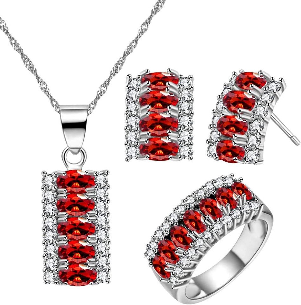 Platina vergulde ovale geslepen zirkonia 7 stenen ketting oorbellen en ring halve maan partij sieraden set T502