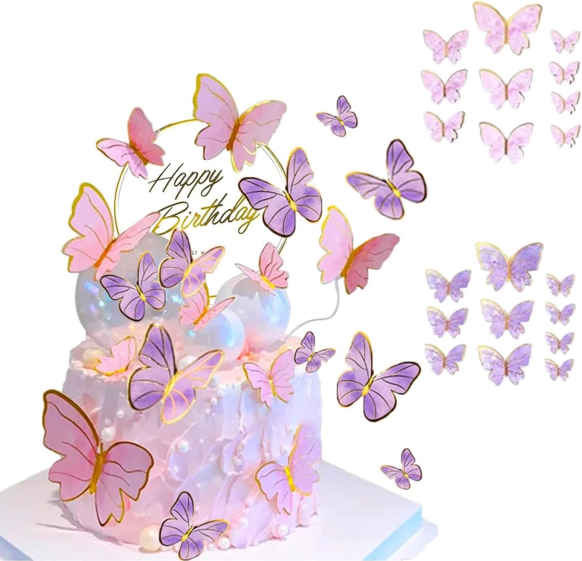 21 stuks roze en paarse vlinder taarttoppers set, inclusief Happy Birthday metalen taartdecoraties & 3D vlinder cupcake toppers voor meisjes vrouwen verjaardagsfeestje, babyshower