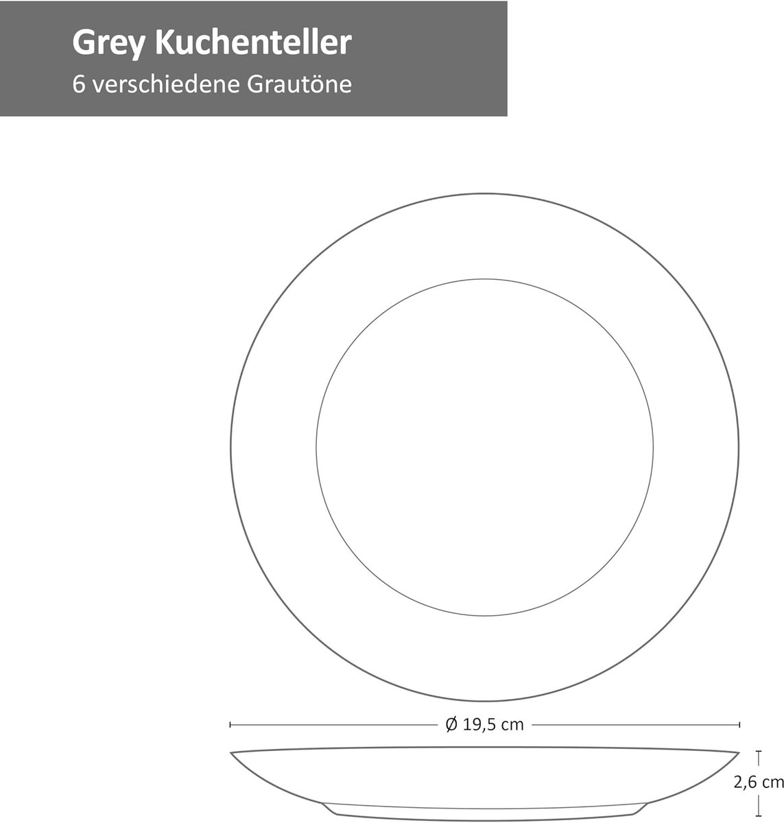 Grey 18-delige bordenset I 6 personen I 6 verschillende grijstinten I platte borden, soepborden en taartborden I strudeldecoratie I aardewerk servies