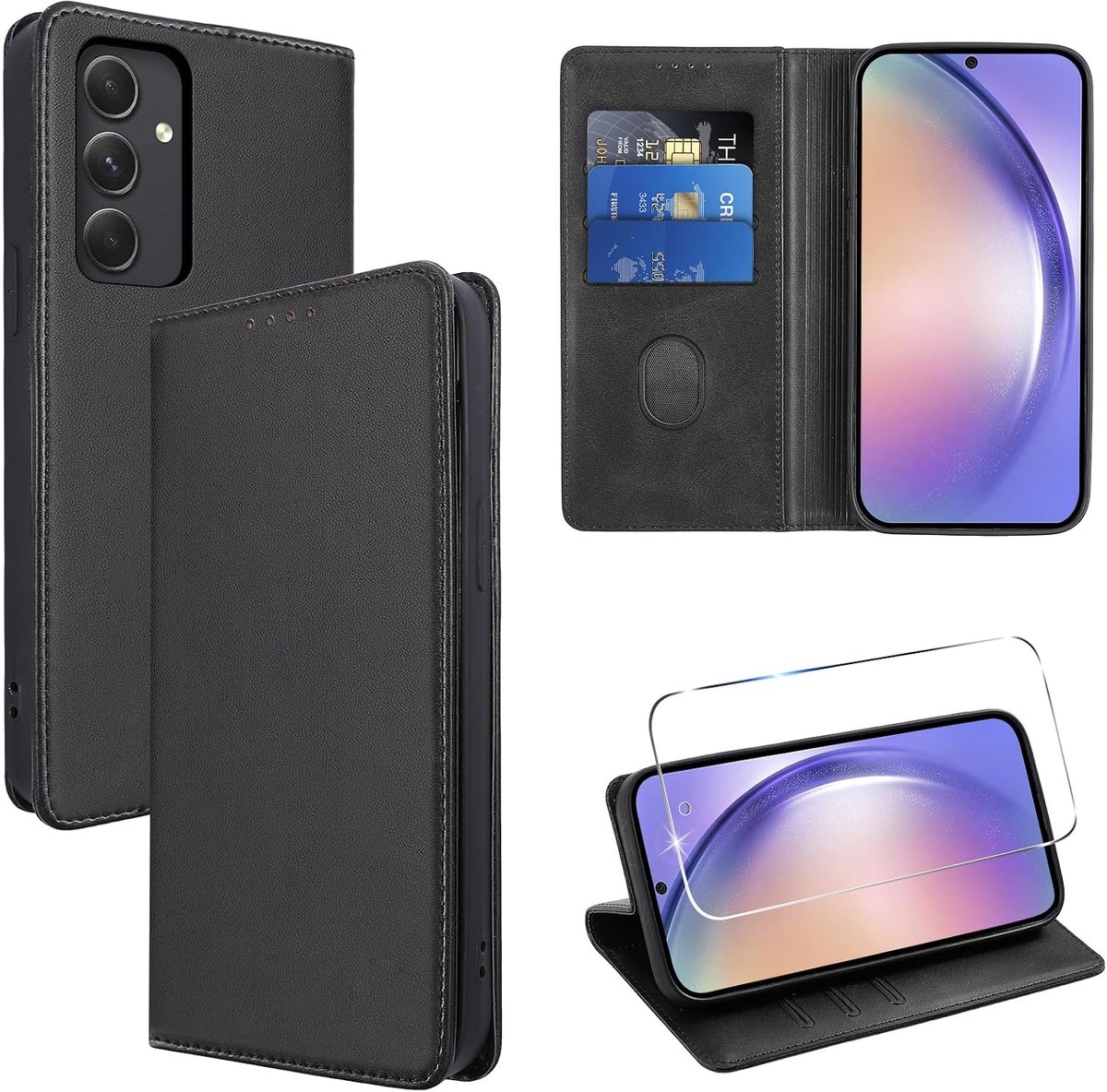 Beschermhoes voor Samsung Galaxy A54 5G met 1 gehard glas, PU-leer, portefeuille, standfunctie, kaartenvak, standfunctie, flipcase, voor Samsung A54 5G 6,4 inch, zwart