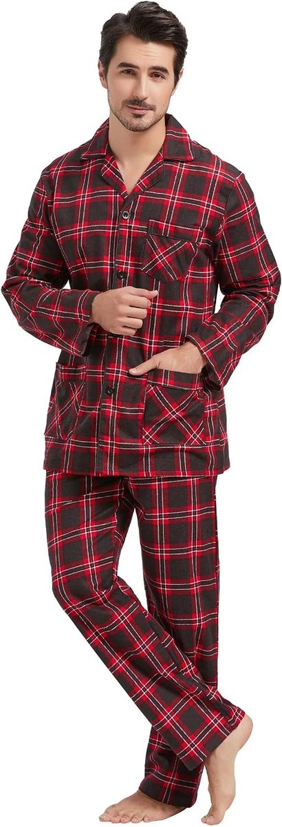 Pyjamaset voor heren, 100% katoenflanel, lange mouwen, pyjama’s voor heren, met zakken en knopen