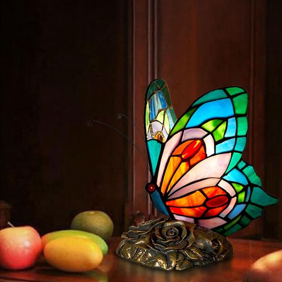 Tiffany Tafellamp, bedlamp, blauwe vlinder kleurstof, glas, vintage lampenkap voor slaapkamer, bureaulamp voor woonkamer, lezen — afbeelding 4