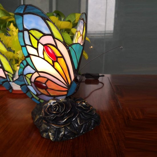 Tiffany Tafellamp, bedlamp, blauwe vlinder kleurstof, glas, vintage lampenkap voor slaapkamer, bureaulamp voor woonkamer, lezen — afbeelding 5