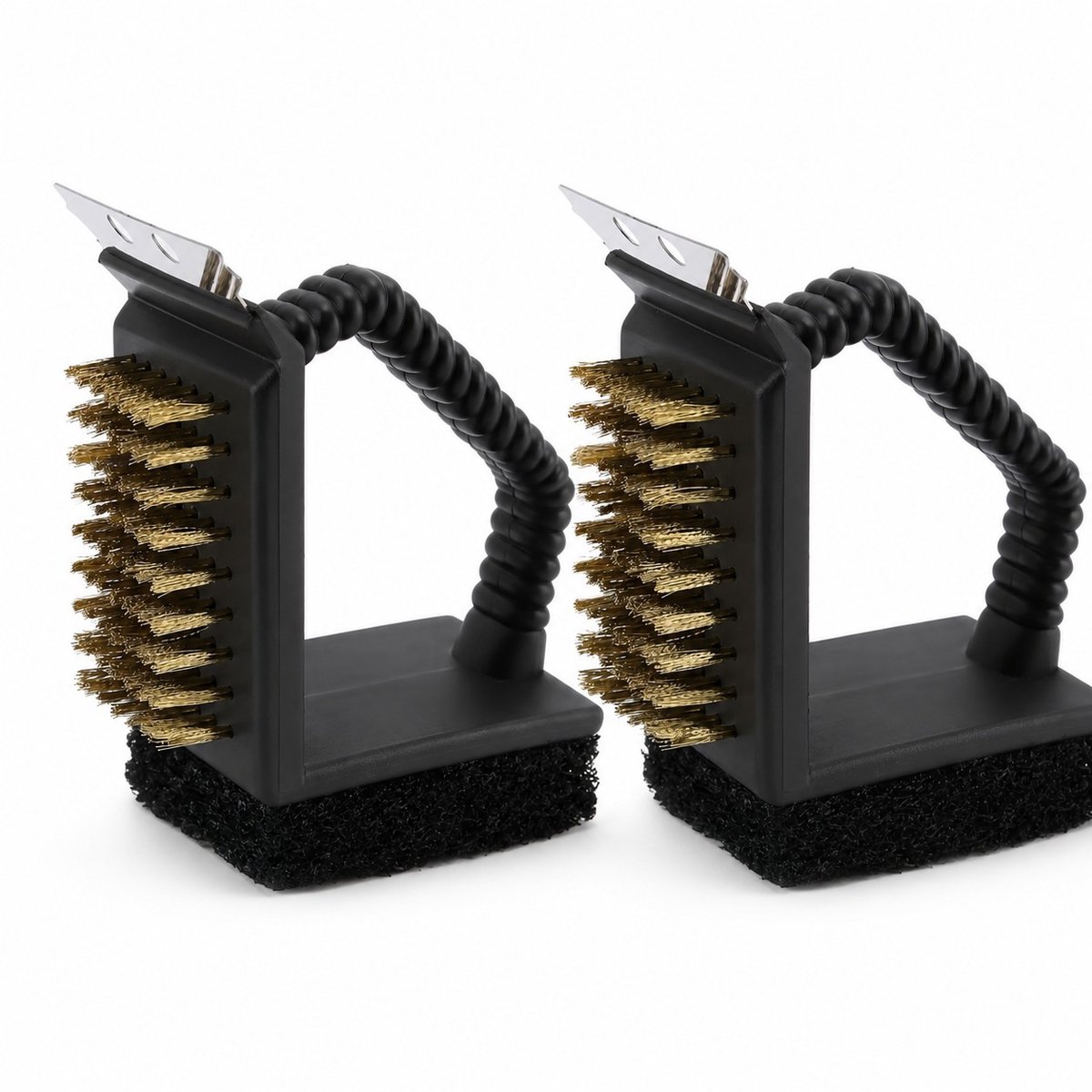 K&R Ventures® BBQ Reinigingsborstel - 3-in-1 Grillborstel met Schraper - Koperen Borstelharen - Voor BBQ, Grill, Oven & Rooster - Ergonomisch Handvat - 2 stuks