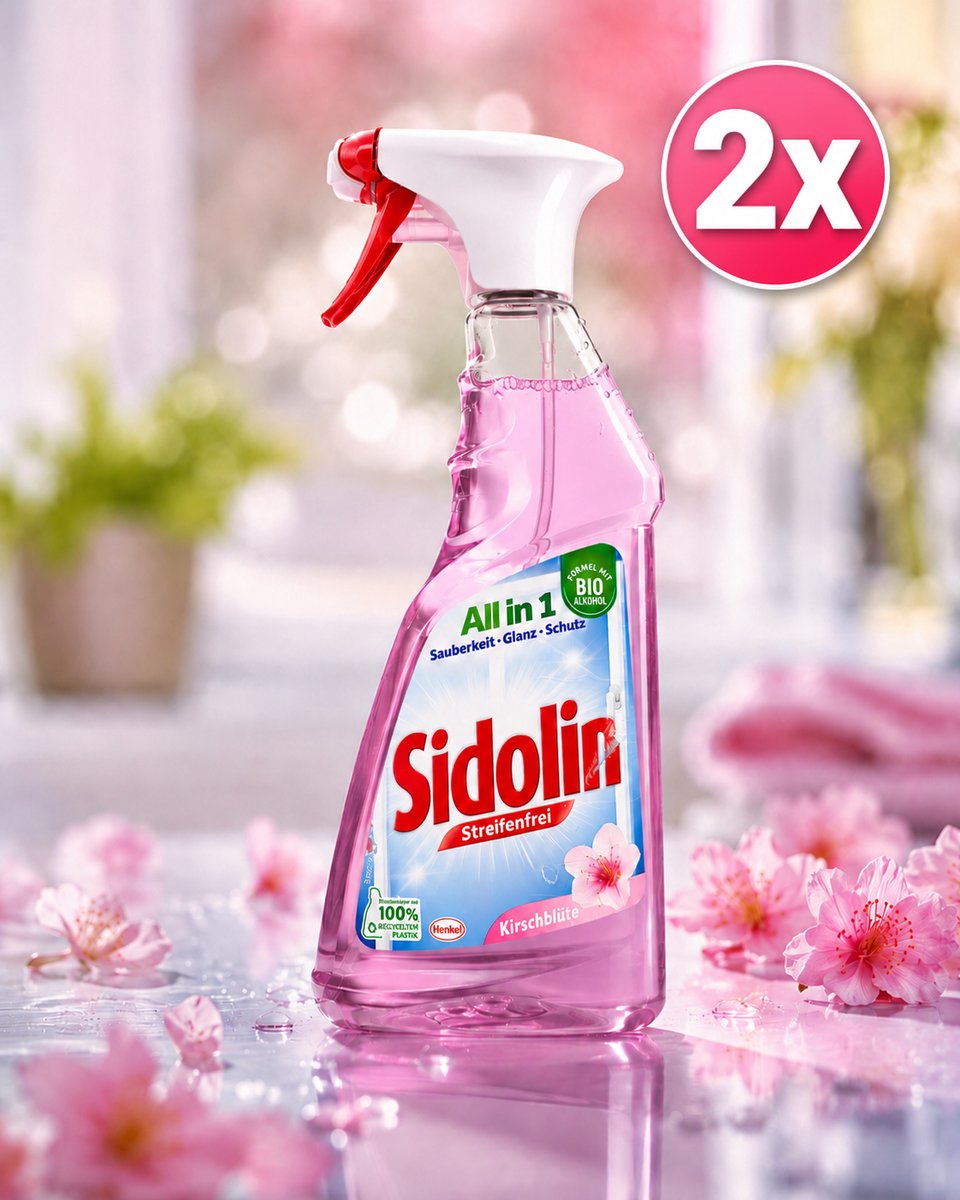 Sidolin 2x Glasreiniger All in 1 Kersenbloesem – Streeploze Ruitenreiniger Spray – Voor Ramen, Spiegels & Glas – Frisse Bloemengeur – 500 ml