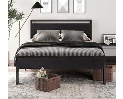 Tweepersoonsbedframe met beklede hoofdbord in donkergrijs, houten lattenbodem, geluidloos, geen boxspring nodig, eenvoudig te monteren
