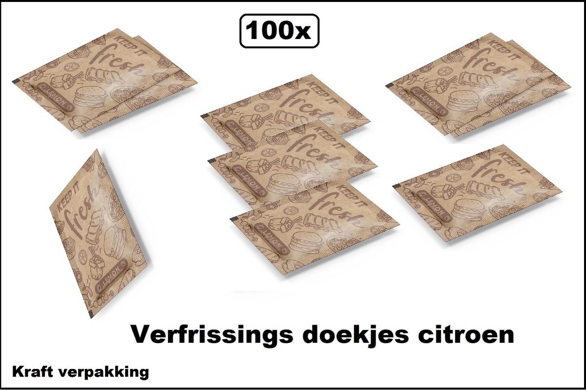 100x Verfrissingsdoekjes citroen - kraft verpakking - doekje restaurant tafel thema feest food festival verfrissing