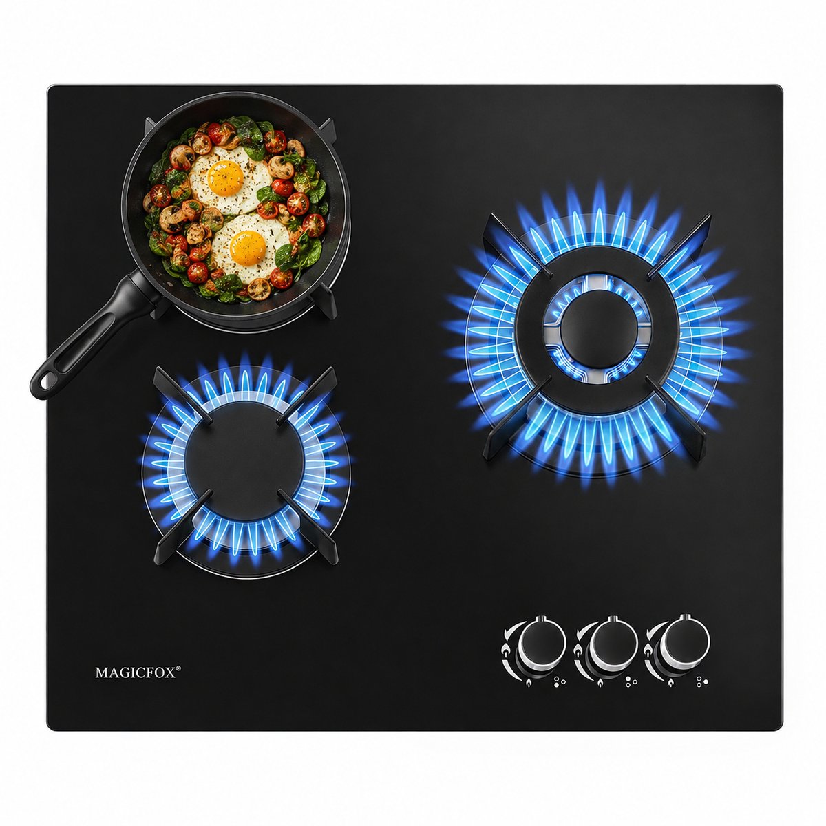 MAGICFOX Inbouw kookplaten met 3 Pitten – Thermokoppelbeveiliging – Geschikt voor Aardgas, Butaan en Propaan – Zwart – 8,05 kW – 220-240 V