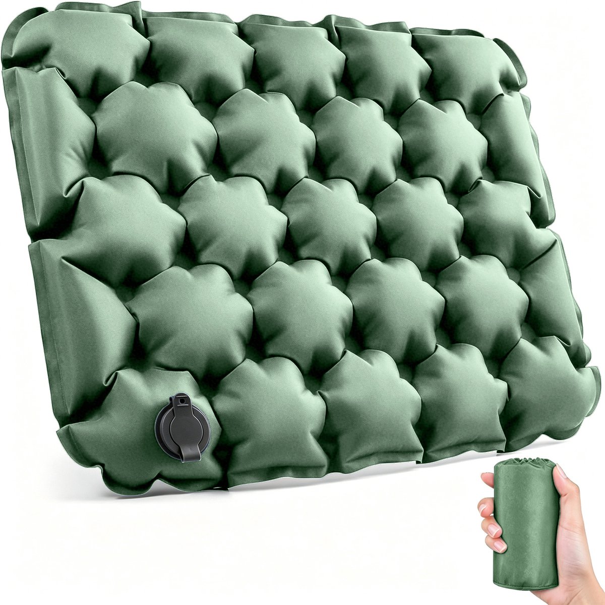 Ultralichte Opblaasbare - Opblaasbaar Zitkussen voor Reizen -Opblaafbaar Zitkussen met Rondjespatroon – Lichtgewicht Luchtkussen voor Reizen, Vliegtuig, Stadion, Camping, Wandelen en Kantoor – 42 x 34 cm – Groen