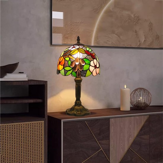 Tafellamp in Tiffany-stijl met glas-in-lood, druivenpatroon, vintage decoratieve verlichting, geschikt voor slaap-/woonkamer, handgemaakte lampenkap van glas-in-lood, kunstzinnige tafellamp. — afbeelding 5