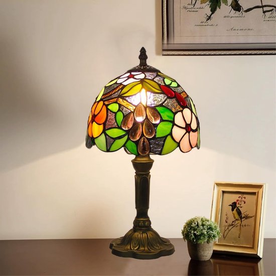 Tafellamp in Tiffany-stijl met glas-in-lood, druivenpatroon, vintage decoratieve verlichting, geschikt voor slaap-/woonkamer, handgemaakte lampenkap van glas-in-lood, kunstzinnige tafellamp. — afbeelding 4