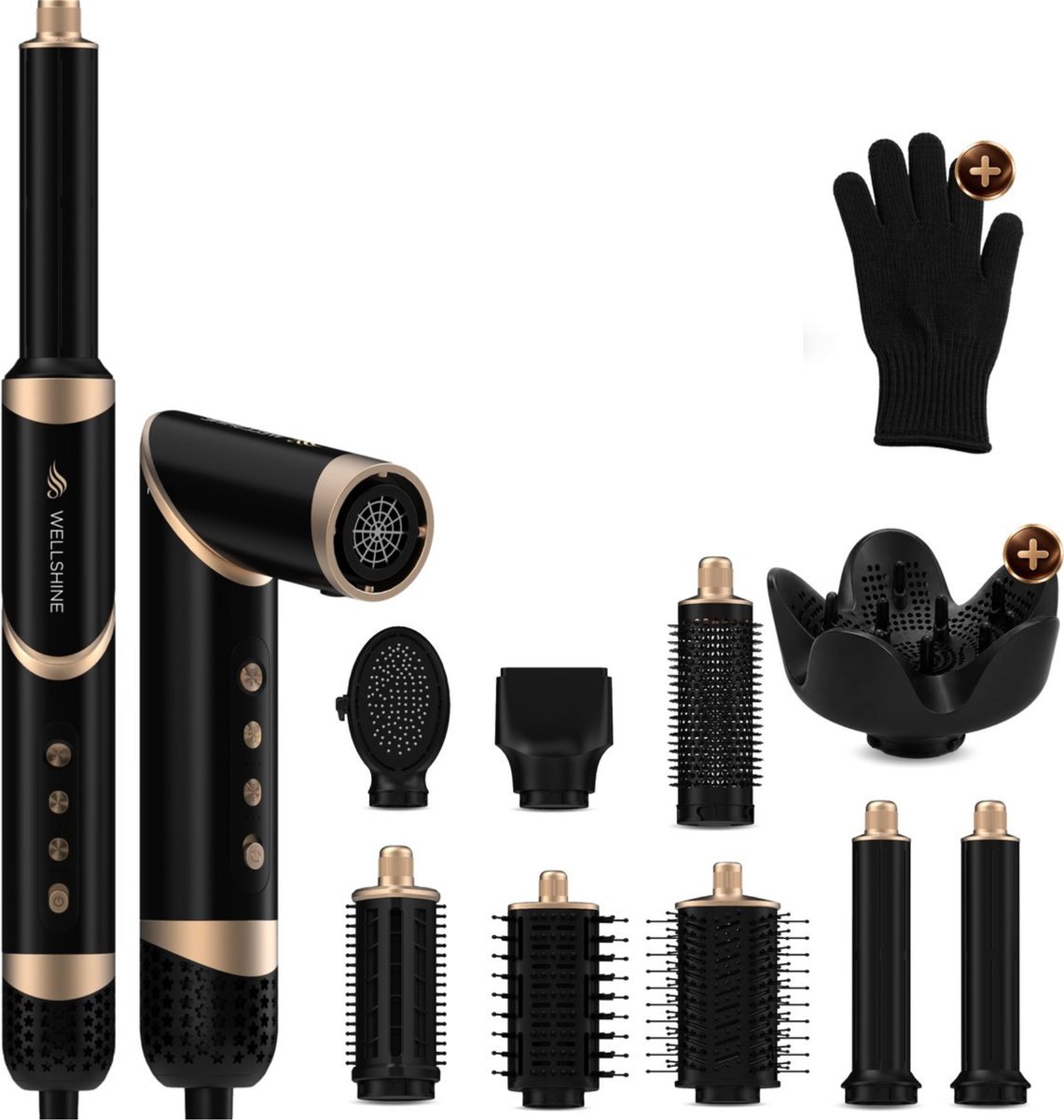 Wellshine 9 in 1 Airstyler Nova - Multistyler met diffuser - Föhn, Haarstyler & Haardroger - Haarstyler, Krulborstel & Krultang voor Drogen en Stylen - Zwart