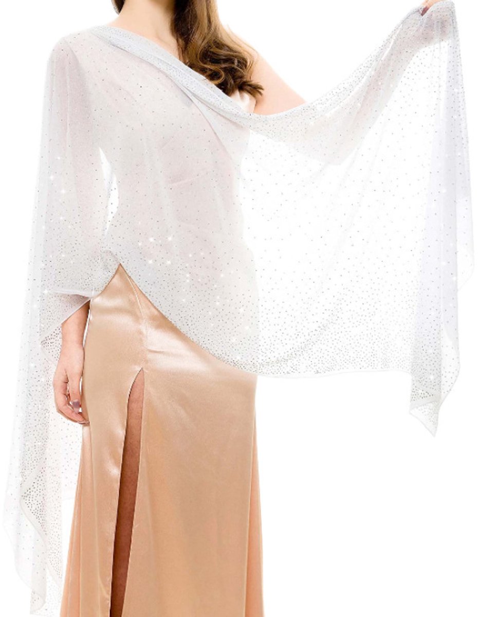 Damessjaal – Shawl dames - Avondstola / Elegante omslagdoek – Avondsjaal – Sprankelende omslagdoek – Perfect te combineren met diverse avondjurken – Wit